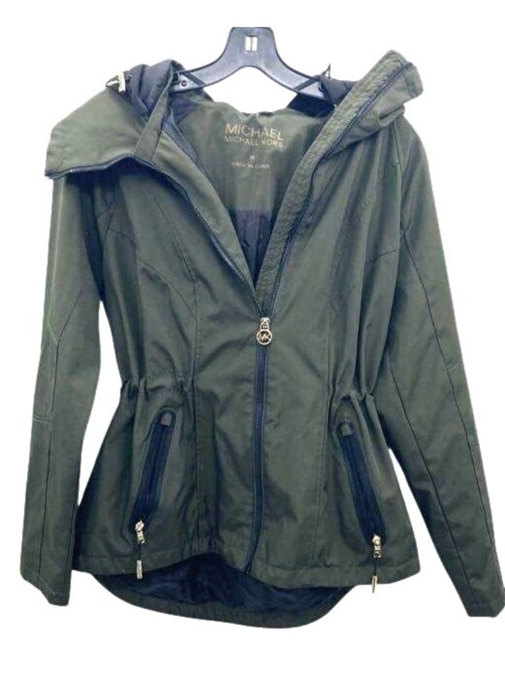Michael Kors Womens Olive Green Hooded Jacket With Gold Zipper Accents Size‎ M